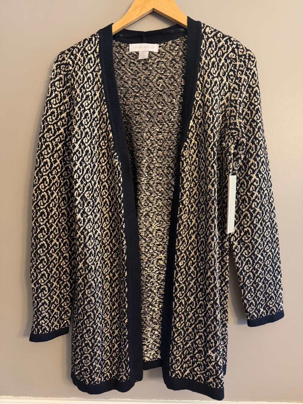 Laura Ashley Black Gold Metallic Sequin Open Front Knit Cardigan Duster NWT S